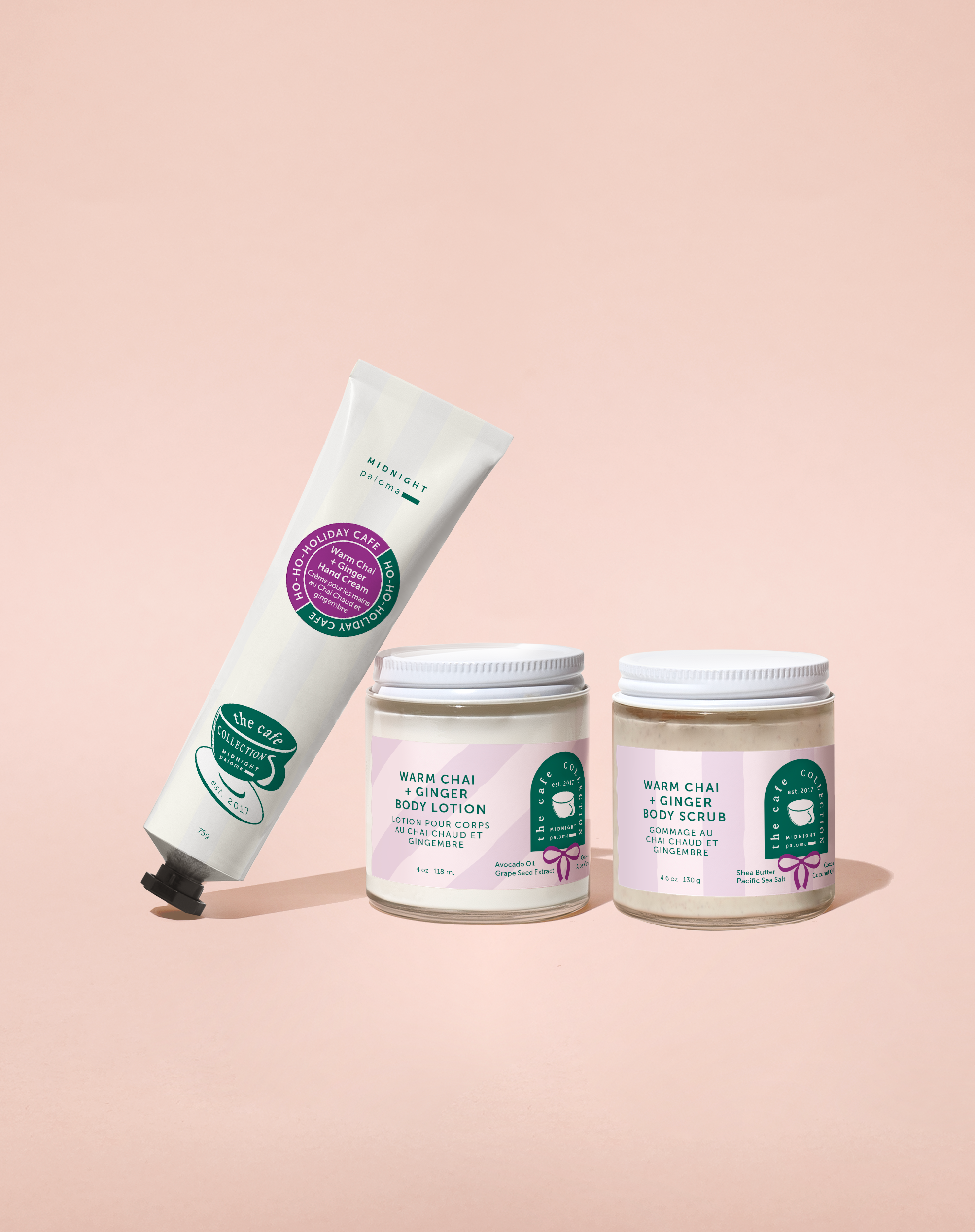 Warm chai and ginger hand cream, body scrub and body lotion