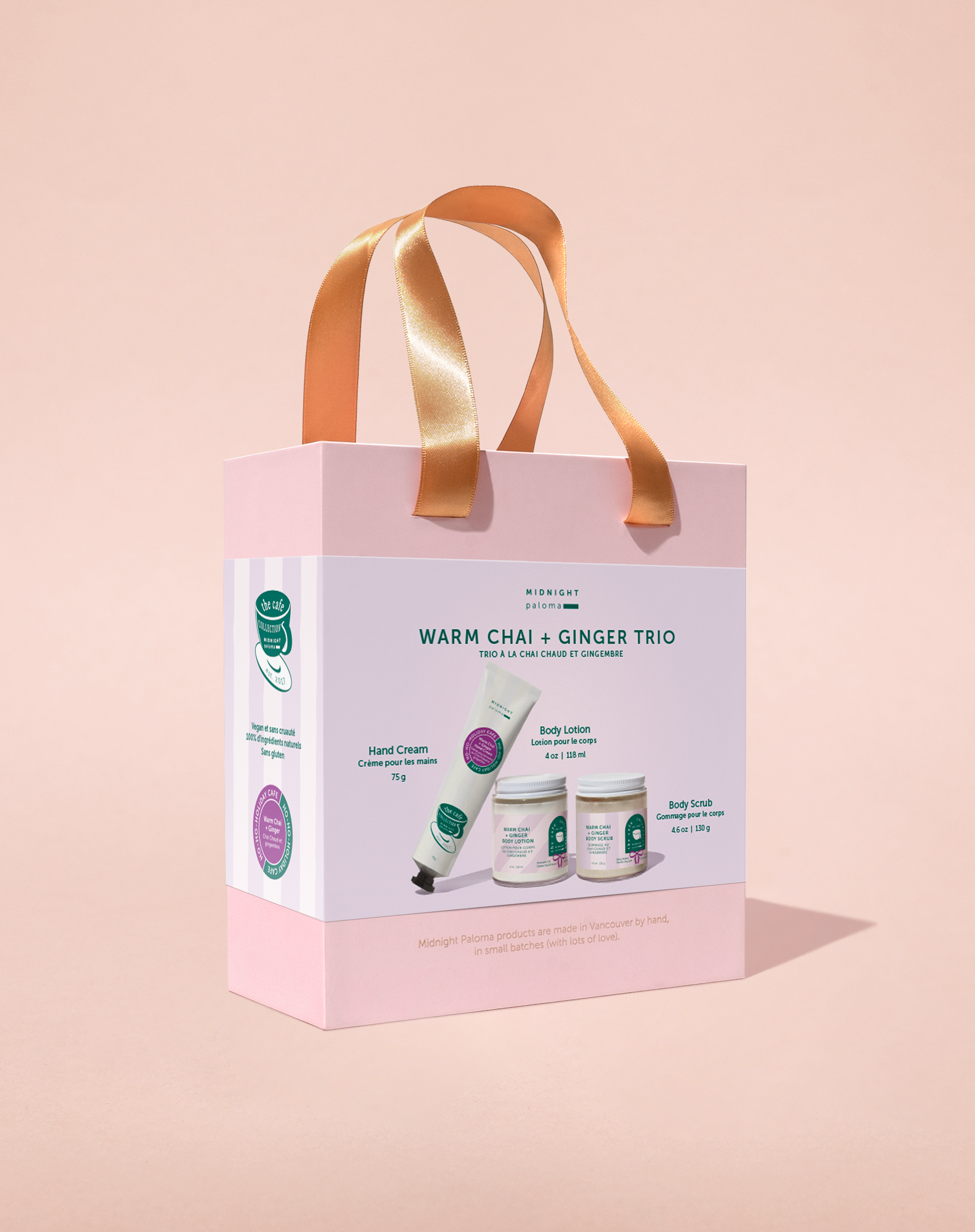 Product packaging for a 'Warm Chai & Ginger Trio' on a pink background